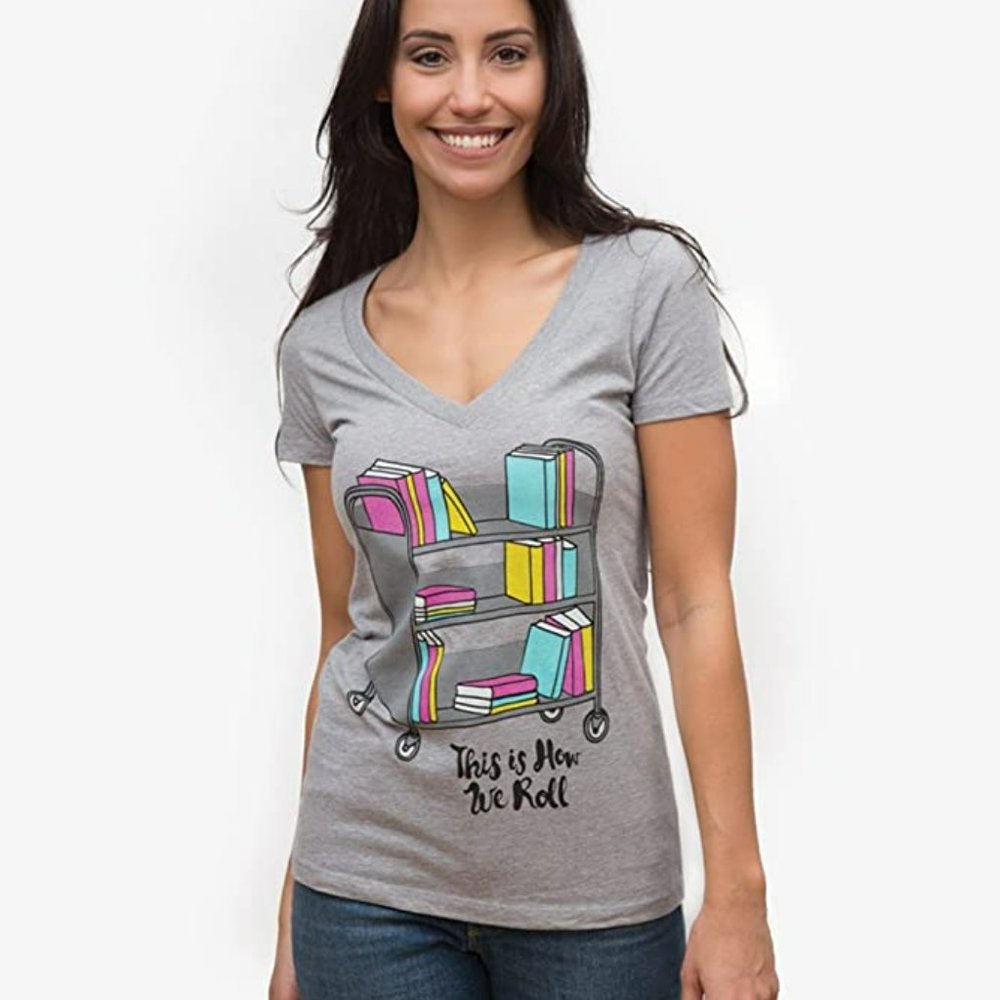 Out of Print V Neck Tee T shirt Ladies top Library Librarian Nerdy blouse 📚 XL